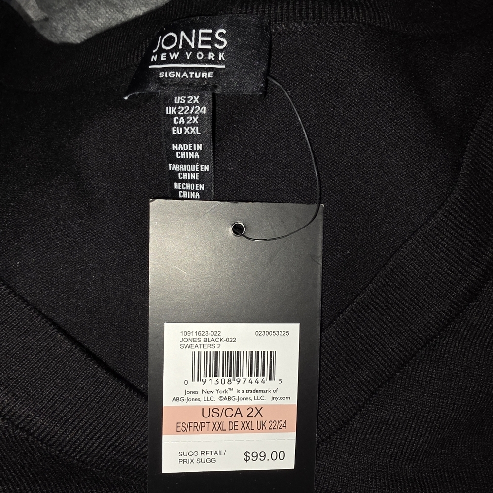 Jones New York Black Button Detail Tunic Length V-Neck Sweater Plus Size 2X New - Picture 6 of 7